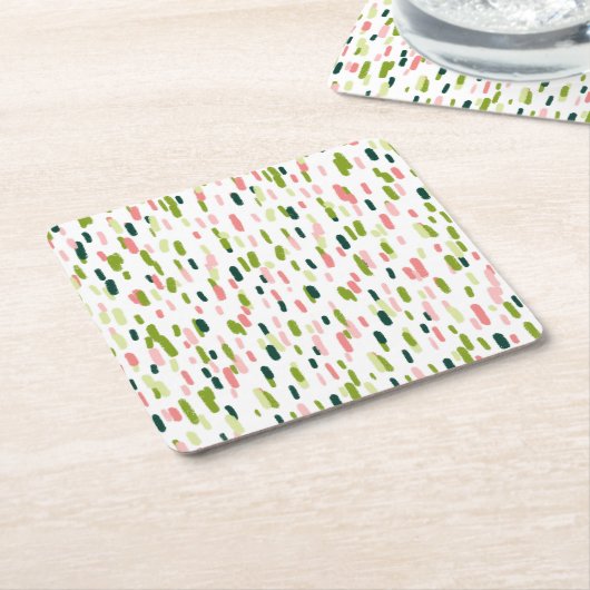 抽象芸術モダングリーンピンクスプレックル スクエアペーパーコースター (アングル)