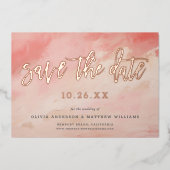 抽象芸術モダンコーラルピンクビーチ保存日 箔招待状 (正面)