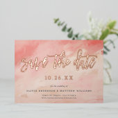 抽象芸術モダンコーラルピンクビーチ保存日 箔招待状 (立ち正面)