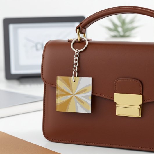 抽象芸術モダンゴールデンイエローグレーシルバーフローラ キーホルダー