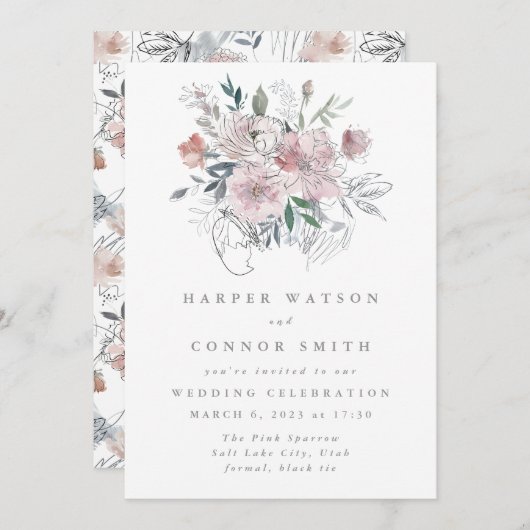 抽象芸術モダンサマーガーデン花模様結婚ズ 招待状 (正面/裏面)