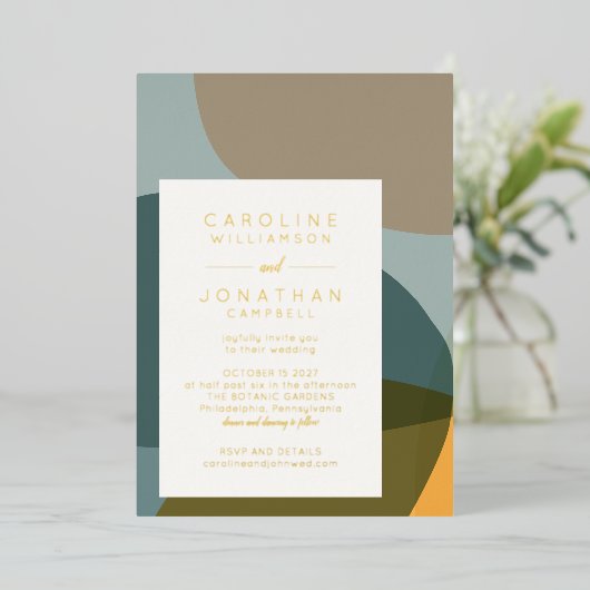 抽象芸術モダンシェイプティール(緑がかった色)トゥーペシック結婚ズ金ゴールド 箔招待状 (立ち正面)