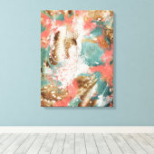 抽象芸術モダンズ絵画コーラルティール（緑がかった色）金ゴールドホワイトアート キャンバスプリント (インサイチュ (ウッドフロア))