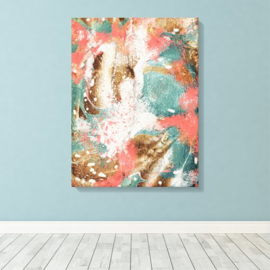 抽象芸術モダンズ絵画コーラルティール(緑がかった色)金ゴールドホワイトアート キャンバスプリント (インサイチュ (ウッドフロア))