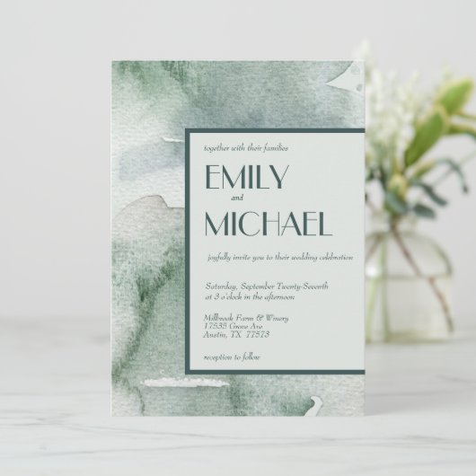 抽象芸術モダンセージ緑のコケ水の色結婚の 招待状 (スタンド正面)