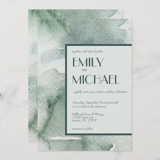 抽象芸術モダンセージ緑のコケ水の色結婚の 招待状 (正面/裏面)