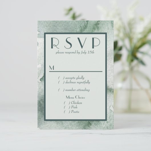 抽象芸術モダンセージ緑の水の色RSVP付き/メニュー 出欠カード (スタンド正面)