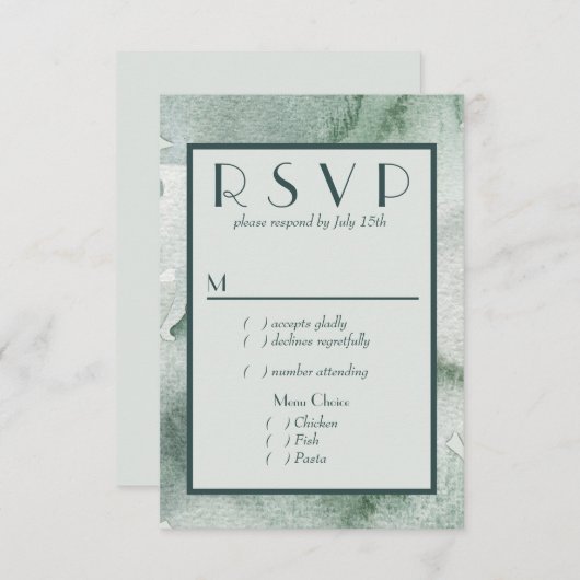 抽象芸術モダンセージ緑の水の色RSVP付き/メニュー 出欠カード (正面/裏面)