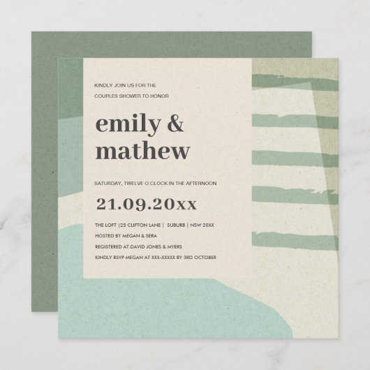 抽象芸術モダンソフトアクアブルーアートカップルシャワー 招待状 (正面/裏面)