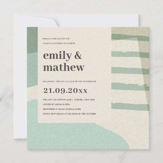 抽象芸術モダンソフトアクアブルーアートカップルシャワー 招待状 (正面)