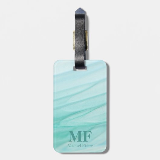 抽象芸術モダンティール（緑がかった色）水彩模様 – モノグラム ラゲッジタグ (裏面縦)