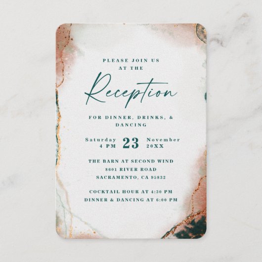 抽象芸術モダンティール(緑がかった色)&銅ウェディングレセプション エンクロージャーカード (正面)