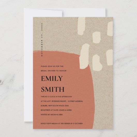 抽象芸術モダンテラコッタブライダルシャワー招待状 サンキューカード (正面)