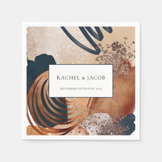 抽象芸術モダンテラコッタ海軍金ゴールド結婚ズ スタンダードカクテルナプキン (正面)