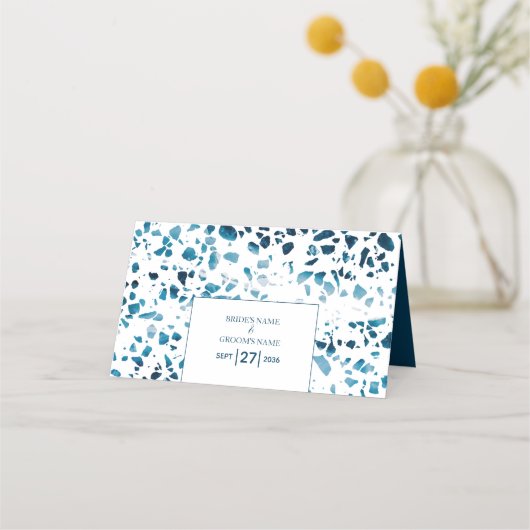 抽象芸術モダンテラゾモザイクブルー結婚ズプレイス プレイスカード (裏面)