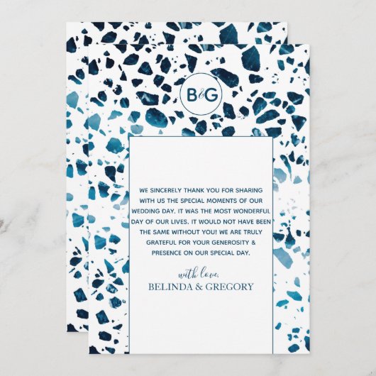 抽象芸術モダンテラゾモザイクブルー結婚ズ サンキューカード (正面/裏面)