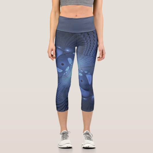 抽象芸術モダントレンディーデュスクブルーフラクタルアート カプリレギンス (正面)