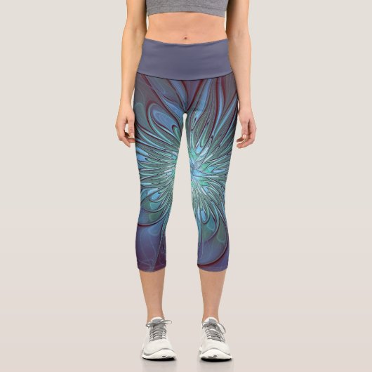 抽象芸術モダントレンディーブルーフラワーフラワーフラクタルアート カプリレギンス (正面)