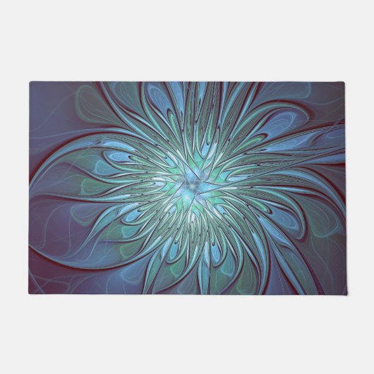 抽象芸術モダントレンディーブルーフラワーフラワーフラクタルアート ドアマット (正面)