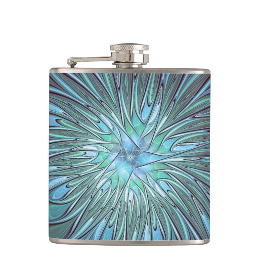 抽象芸術モダントレンディーブルーフラワーフラワーフラクタルアート フラスク (正面)