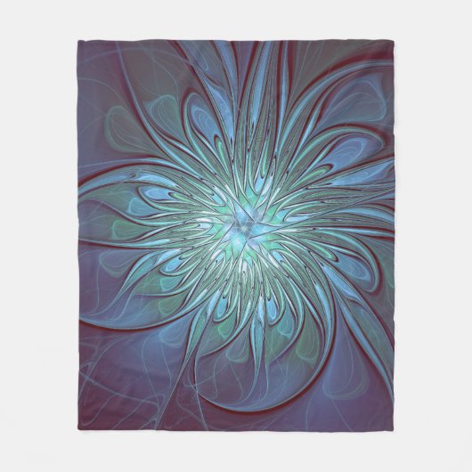 抽象芸術モダントレンディーブルーフラワーフラワーフラクタルアート フリースブランケット (正面)
