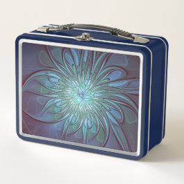 抽象芸術モダントレンディーブルーフラワーフラワーフラクタルアート メタルランチボックス
