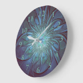 抽象芸術モダントレンディーブルーフラワーフラワーフラクタルアート ラージ壁時計 (傾斜)