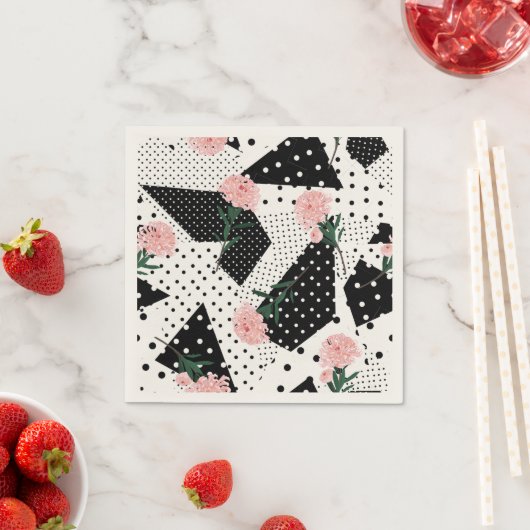 抽象芸術モダンドットとピンク色の花 スタンダードカクテルナプキン (インサイチュ)