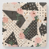 抽象芸術モダンドットとピンク色の花 ストーンコースター (正面)