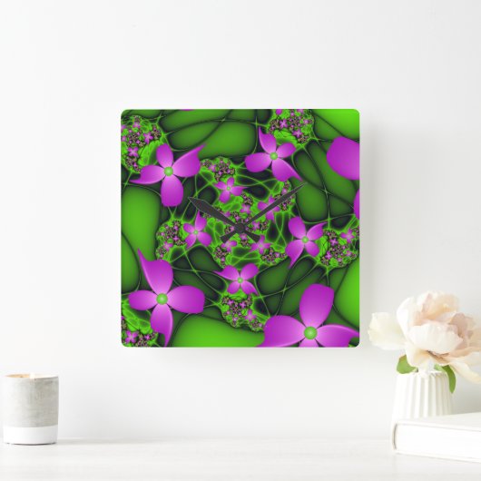 抽象芸術モダンネオンピンクグリーンフラクタル花 スクエア壁時計 (ホーム)