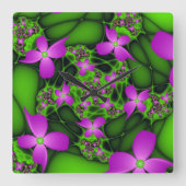 抽象芸術モダンネオンピンクグリーンフラクタル花 スクエア壁時計 (正面)