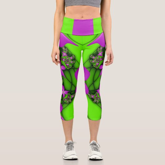 抽象芸術モダンネオンピンク緑フラクタル花 カプリレギンス (正面)