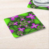 抽象芸術モダンネオンピンク緑フラクタル花 スクエアペーパーコースター (アングル)