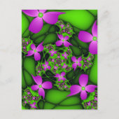 抽象芸術モダンネオンピンク緑フラクタル花 ポストカード (正面)