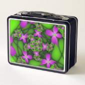 抽象芸術モダンネオンピンク緑フラクタル花 メタルランチボックス (裏面)