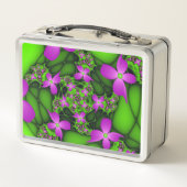 抽象芸術モダンネオンピンク緑フラクタル花 メタルランチボックス (裏面)