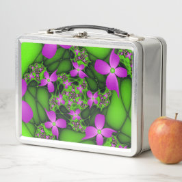 抽象芸術モダンネオンピンク緑フラクタル花 メタルランチボックス