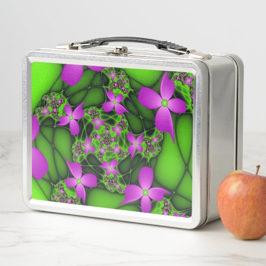 抽象芸術モダンネオンピンク緑フラクタル花 メタルランチボックス (インサイチュ)