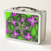 抽象芸術モダンネオンピンク緑フラクタル花 メタルランチボックス (正面)