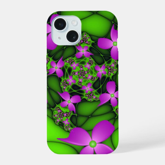 抽象芸術モダンネオンピンク緑フラクタル花 iPhone 15ケース (裏面)