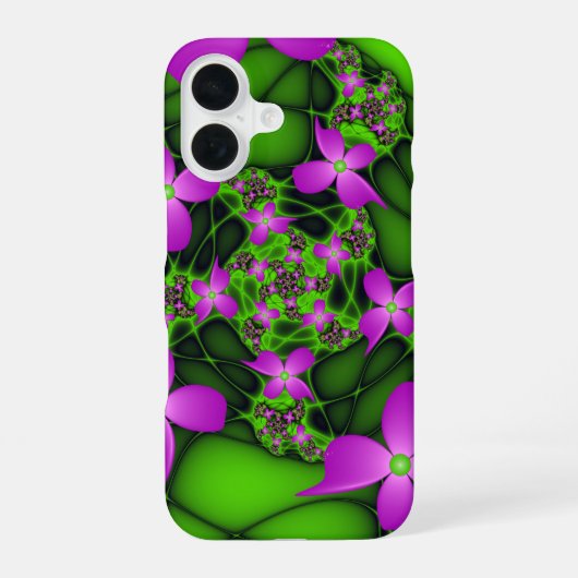 抽象芸術モダンネオンピンク緑フラクタル花 iPhone 16ケース (裏面)