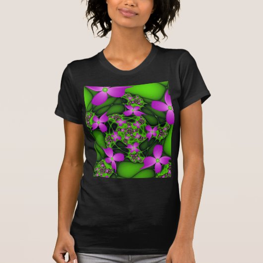 抽象芸術モダンネオンピンク緑フラクタル花 Tシャツ (正面)