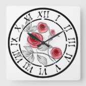 抽象芸術モダンバラ花赤い灰色のフローラwhit スクエア壁時計 (正面)