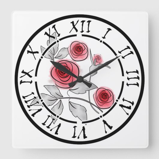 抽象芸術モダンバラ花赤い灰色のフローラwhit スクエア壁時計 (正面)