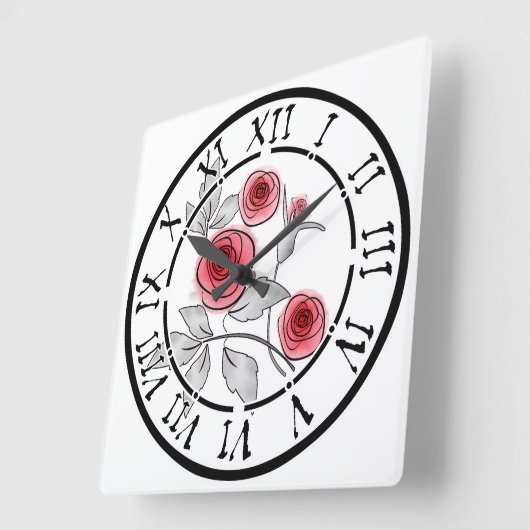 抽象芸術モダンバラ花赤い灰色のフローラwhit スクエア壁時計 (傾斜)