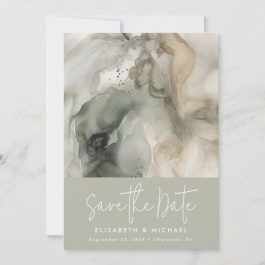 抽象芸術モダンパインターリーセージ結婚グリーン セーブザデート (正面)