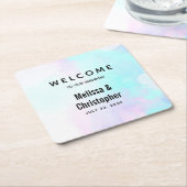 抽象芸術モダンパステルブルー&パープルウォーターカラー スクエアペーパーコースター (アングル)