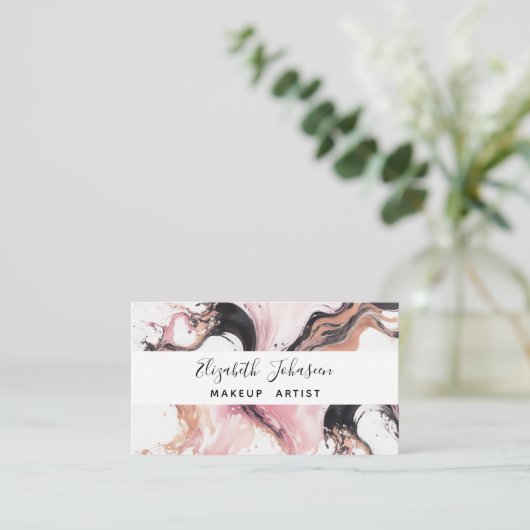 抽象芸術モダンピンクブラックベージュウォーターユニークカラー 名刺 (スタンド正面)