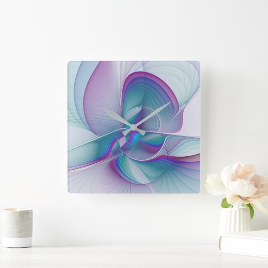 抽象芸術モダンピンクブルーターコイズフラクタルアート スクエア壁時計 (ホーム)