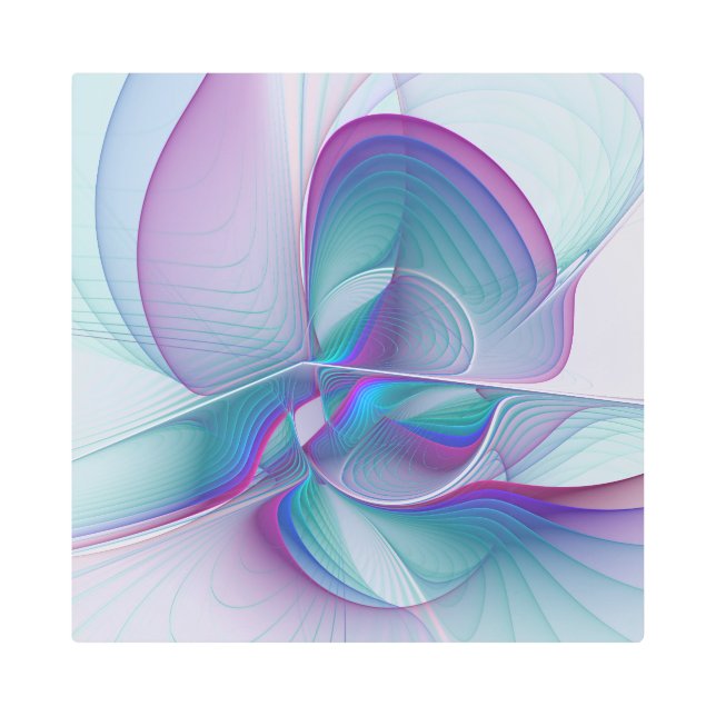 抽象芸術モダンピンクブルーターコイズフラクタルアート メタルプリント (正面)